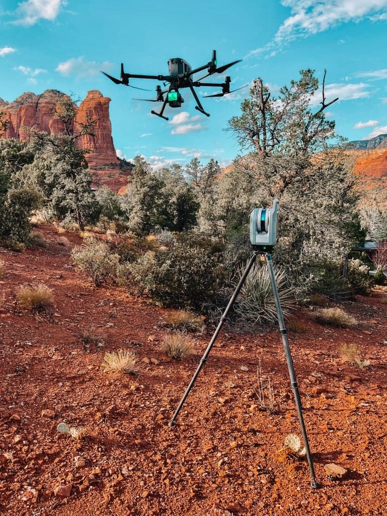 Aerial drone and terrestrial LiDAR scanner capturing a site in Sedona