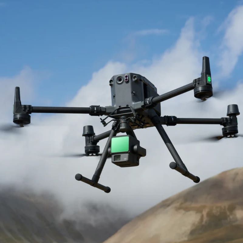 DJI Matrice drone with LiDAR payload in flight