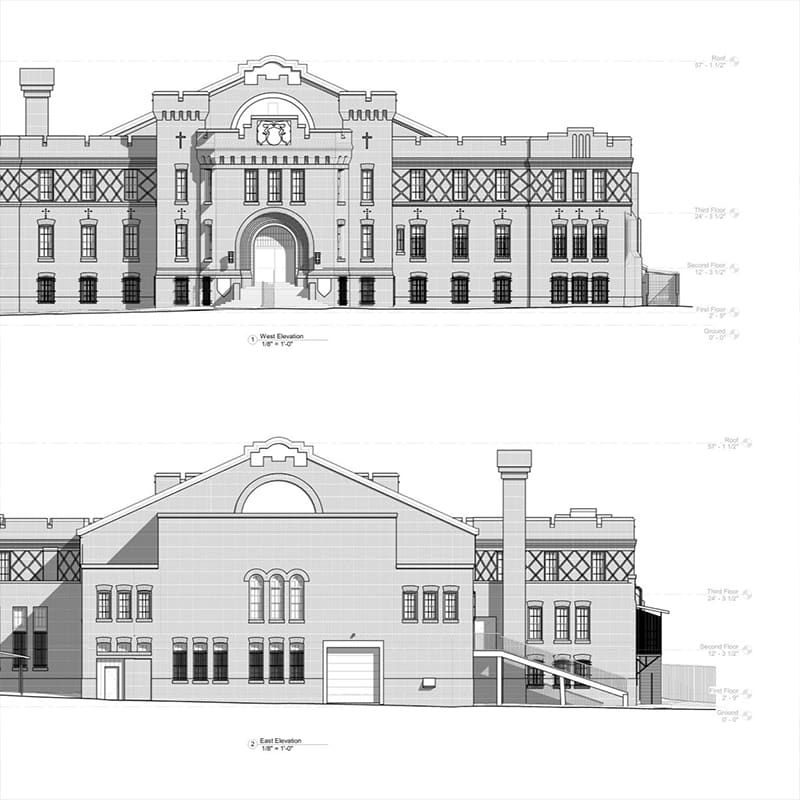 West and east architectural elevation drawings produced as as-built deliverables
