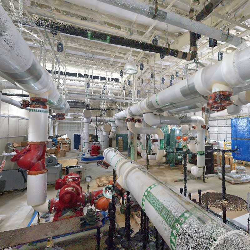 Point cloud render of a mechanical room with pipes and equipment