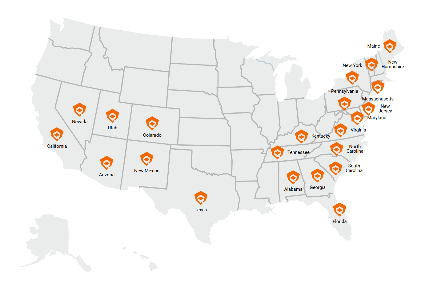 Map of the United States showing QRC's nationwide service area, with markers on the 22 states with active project deployments